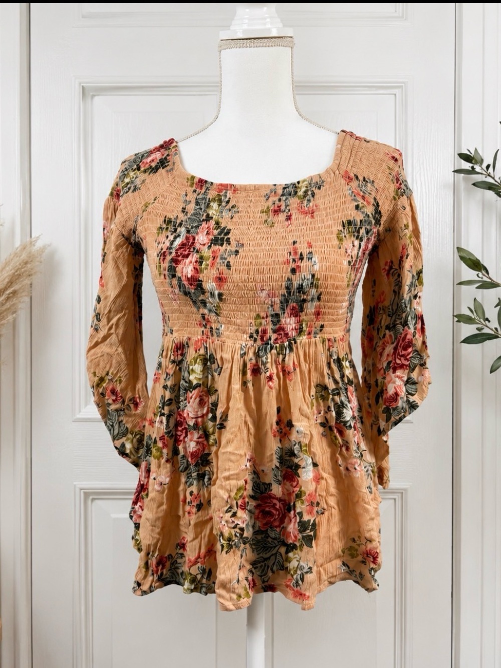 Floral Smocked Babydoll Blouse Large Boho Cottagecore Romantic Flowy Top